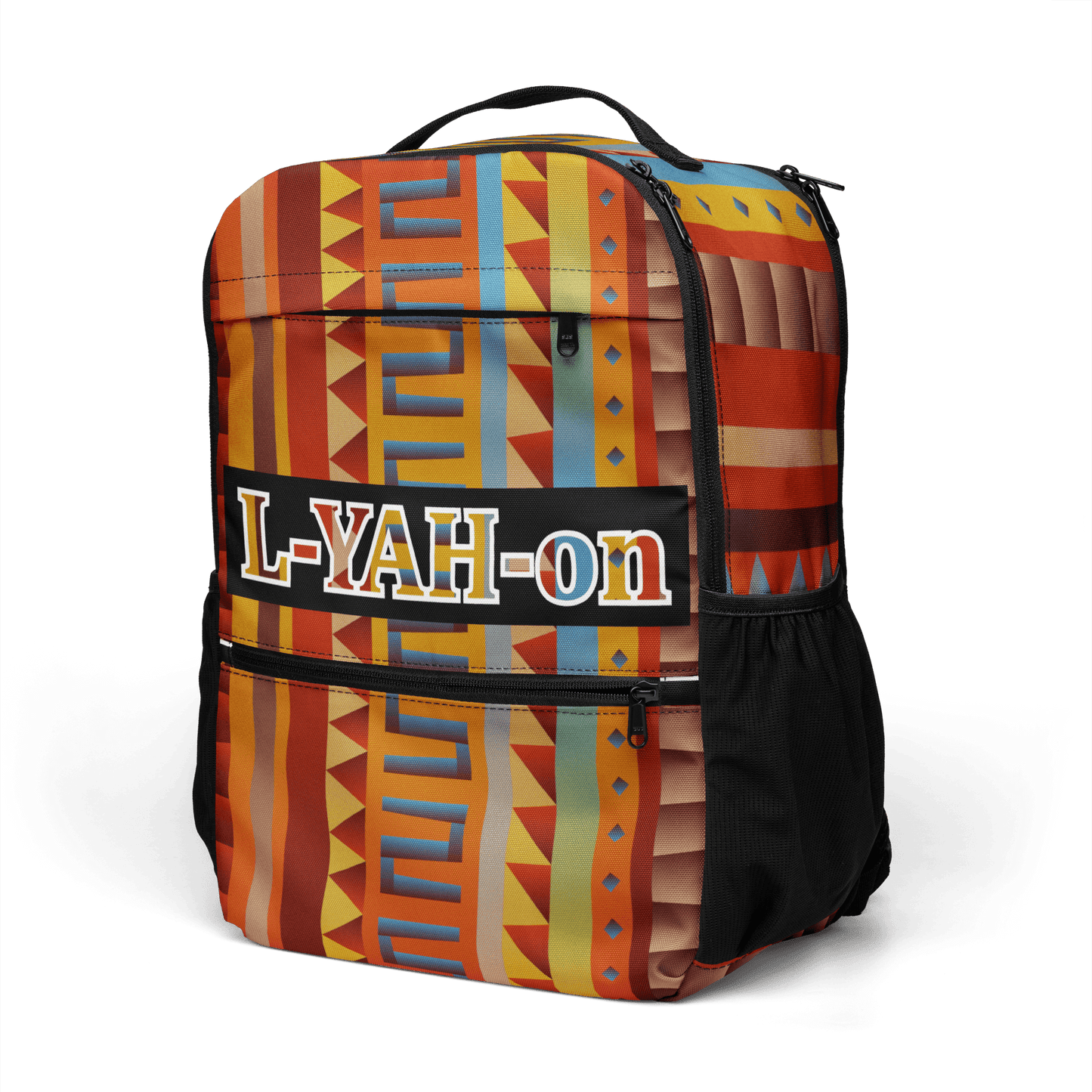 Colorful backpack with geometric pattern and 'L-YAH-on' text
