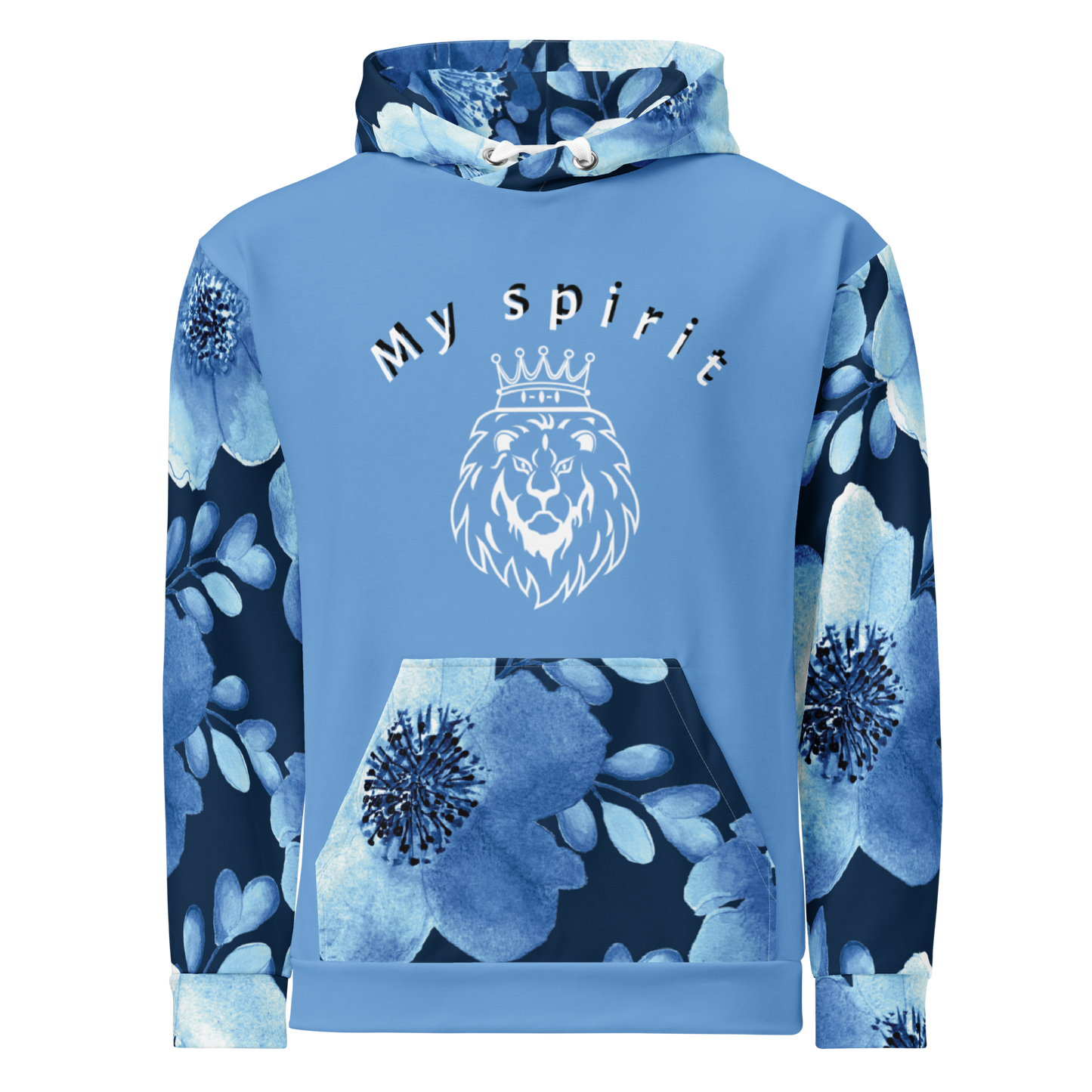 Blue hoodie with floral patterns and 'My Spirit' text on a white background