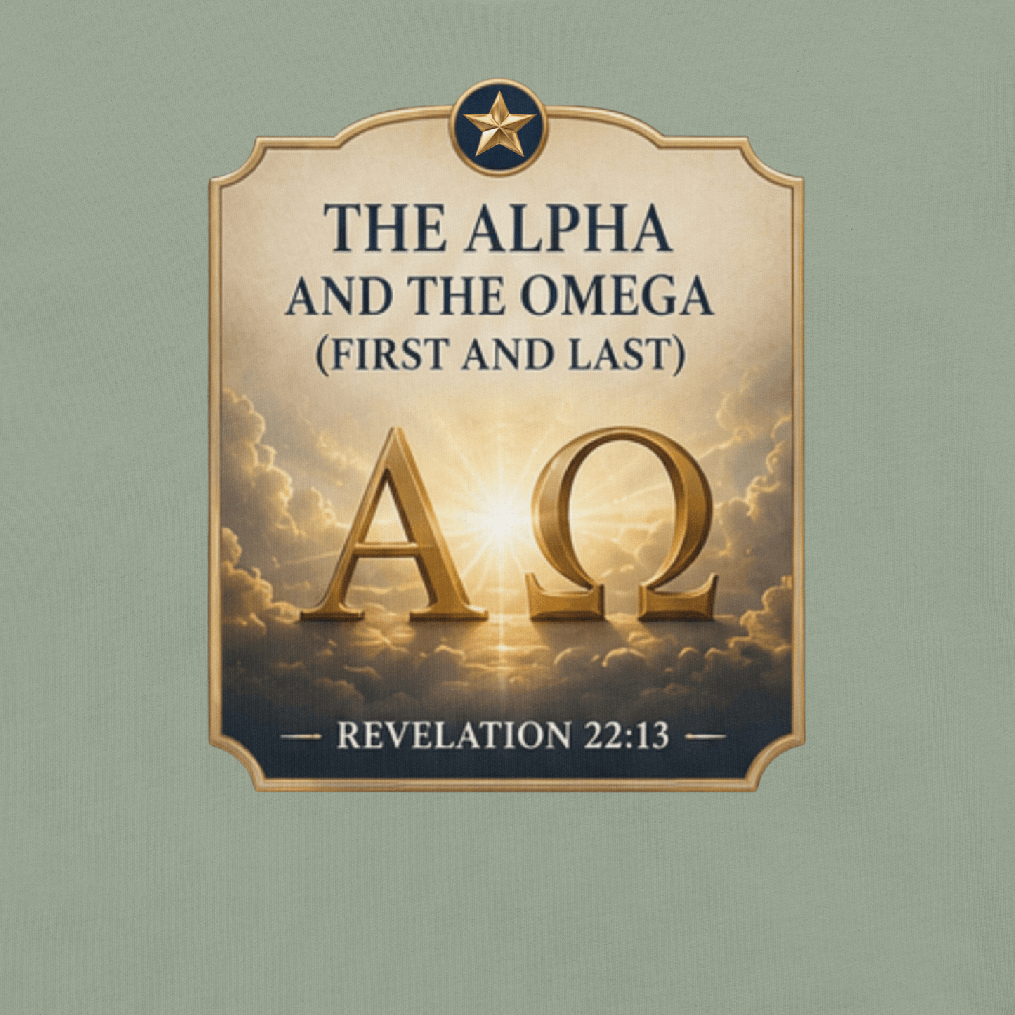 Faith-inspired Alpha and Omega T-shirt featuring Revelation 22:13 with elegant gold symbolism and heavenly artwork.