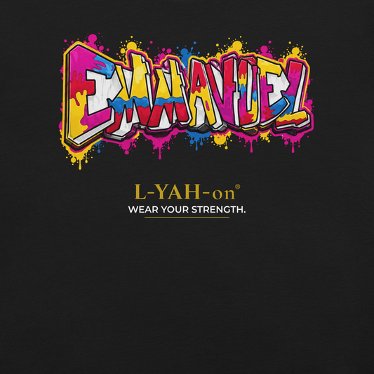 Black Emmanuel Graffiti T-shirt with vibrant graffiti lettering celebrating God with us through faith-inspired streetwear.