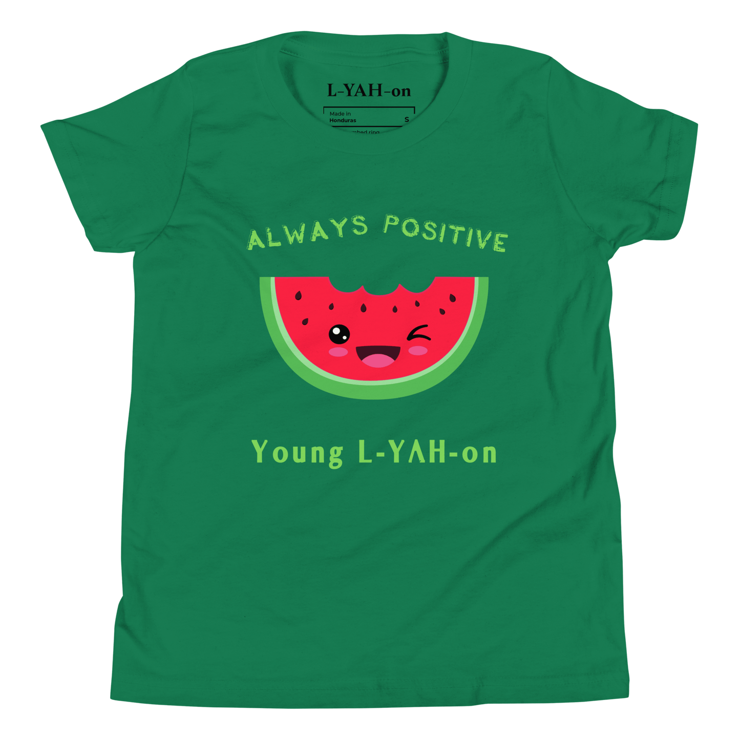 Green t-shirt with a smiling watermelon graphic