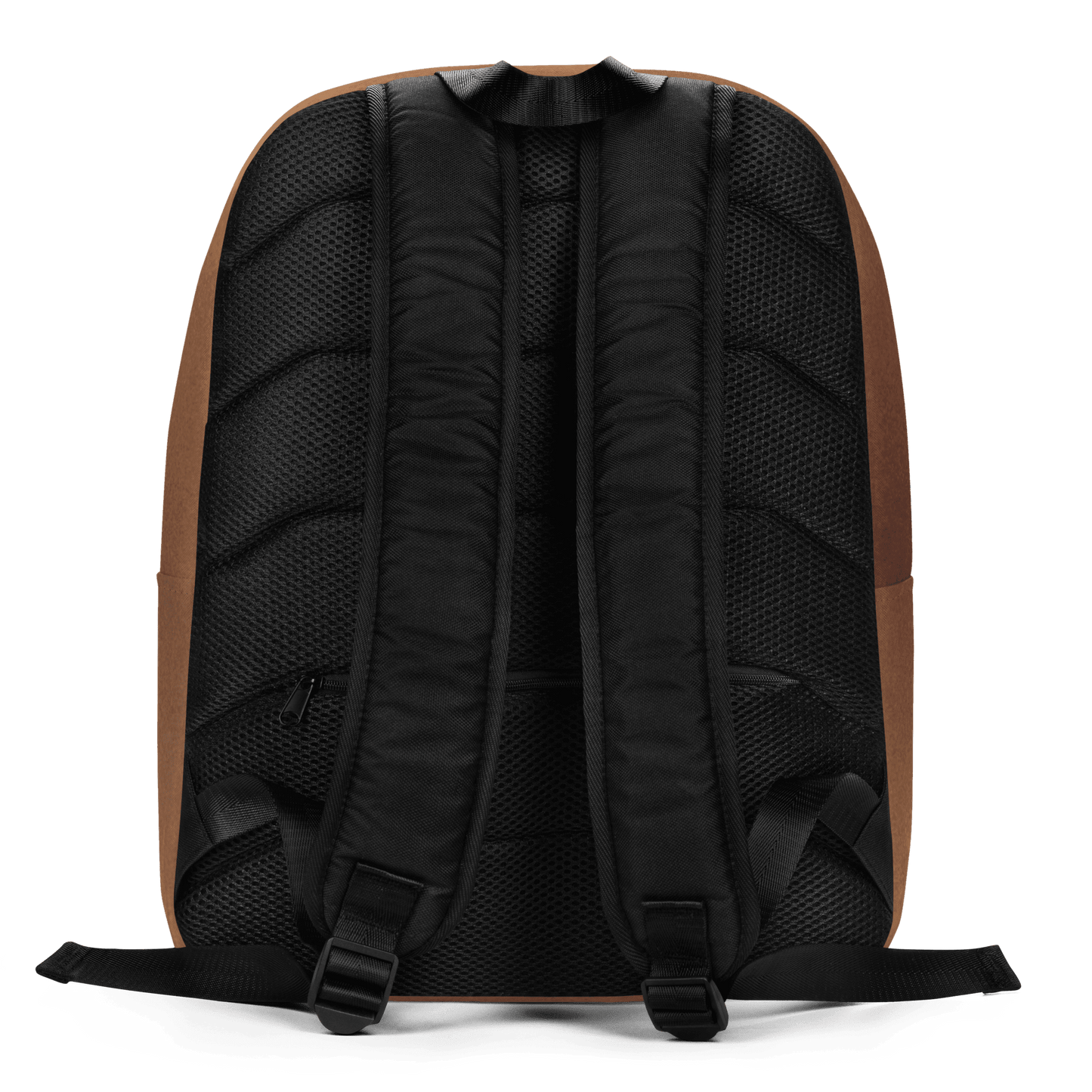 Back view of a black backpack with brown accents