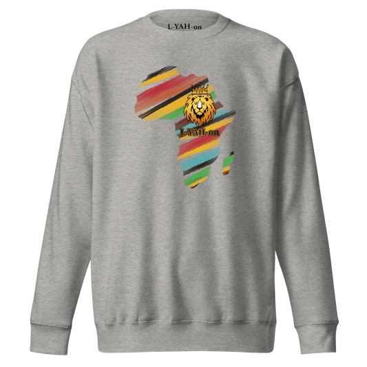 Gray sweatshirt with a colorful Africa map and lion design