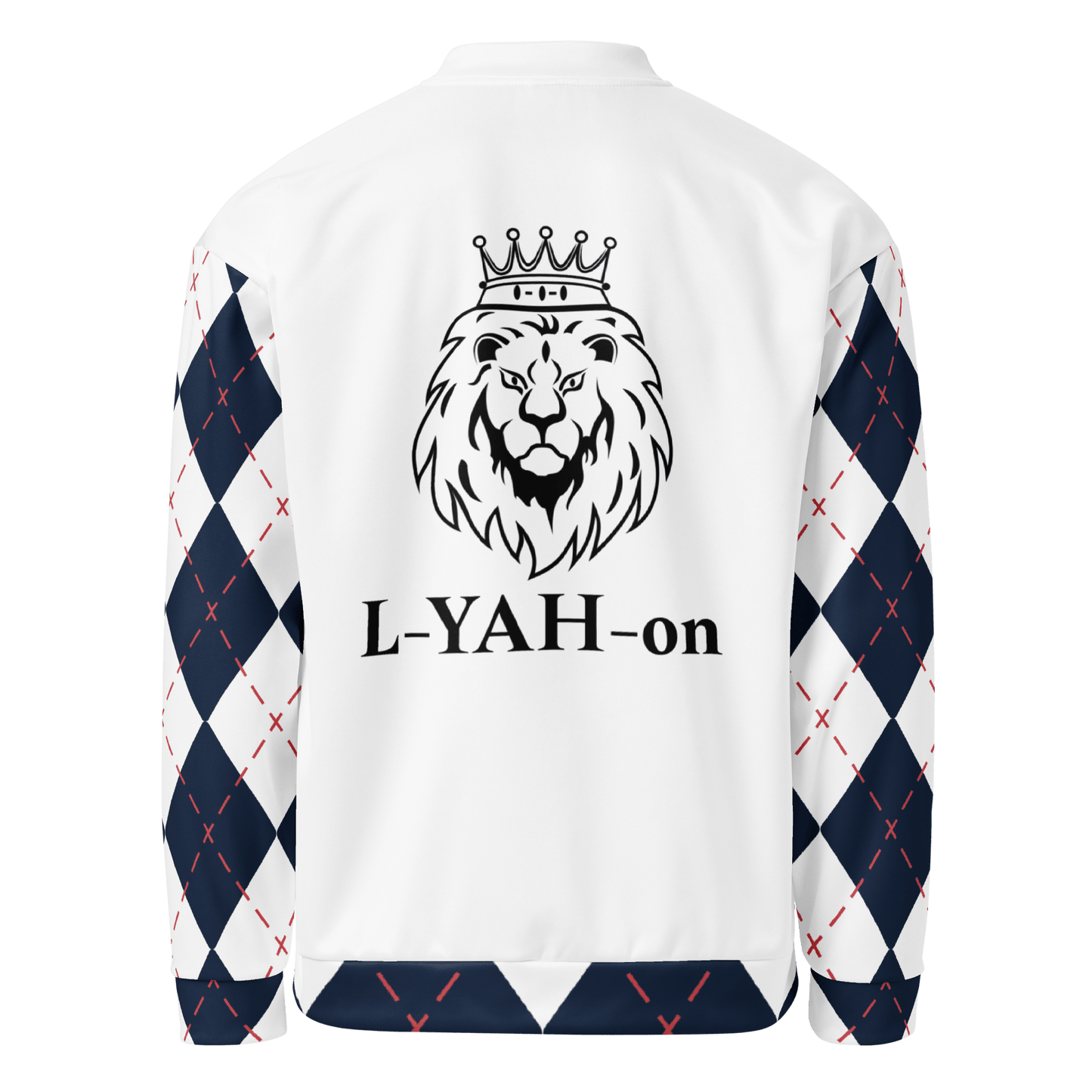 White sweatshirt with argyle pattern sleeves and lion graphic with crown on the back, featuring 'L-YAH-on' text.