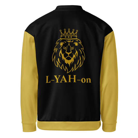 Black and yellow jacket with a lion emblem and 'L-YAH-on' text on the back.