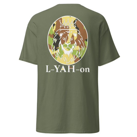 L-YAH-on logo on a camouflage background - motivational tee - faith-based apparel