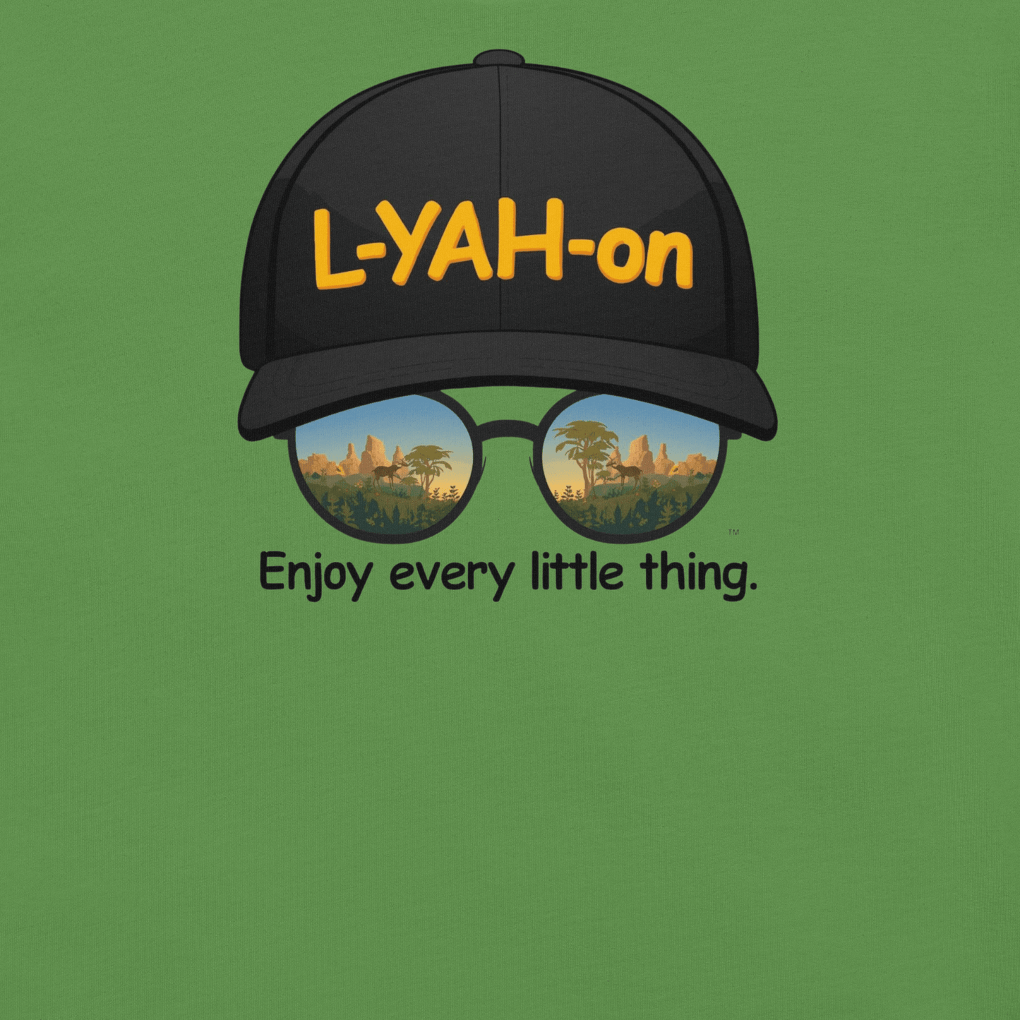 Green t-shirt with a black cap and sunglasses graphic, featuring 'L-YAH-on' text - inspirational tee