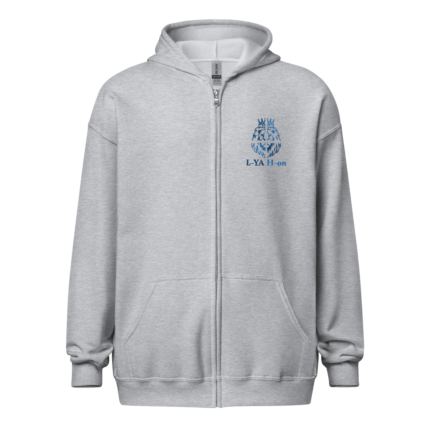 zip-up hoodie with front pockets and a metal zipper, displaying a logo on the upper left side - YHWH clothing brand online