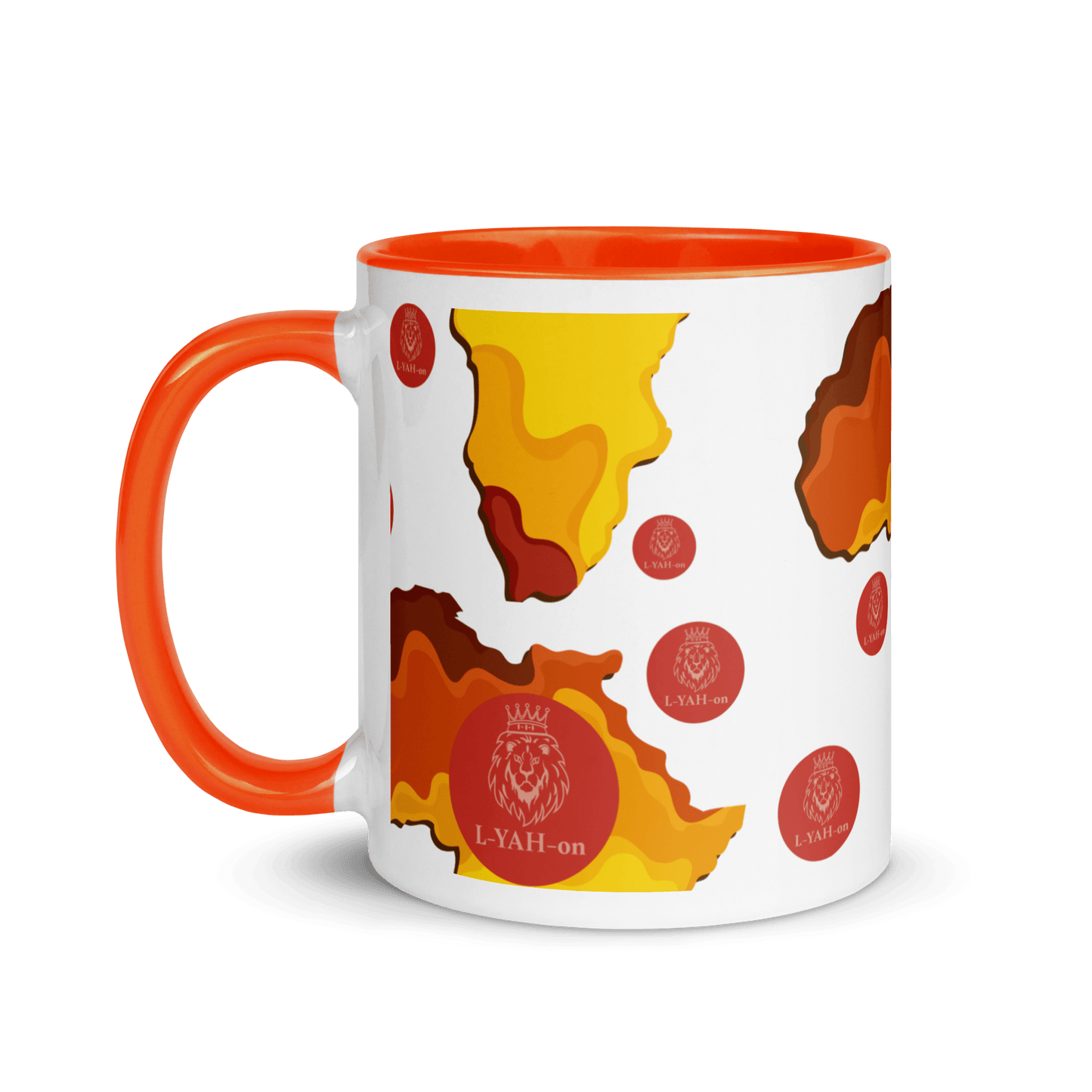 A mug with a colorful Africa-themed design, featuring a map of Africa with the brand logo 'L-YAH-on'.