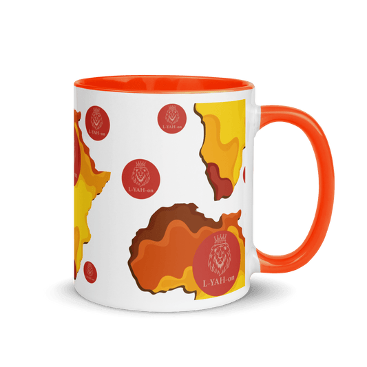 A mug with a colorful Africa-themed design, featuring a map of Africa with the brand logo 'L-YAH-on'.