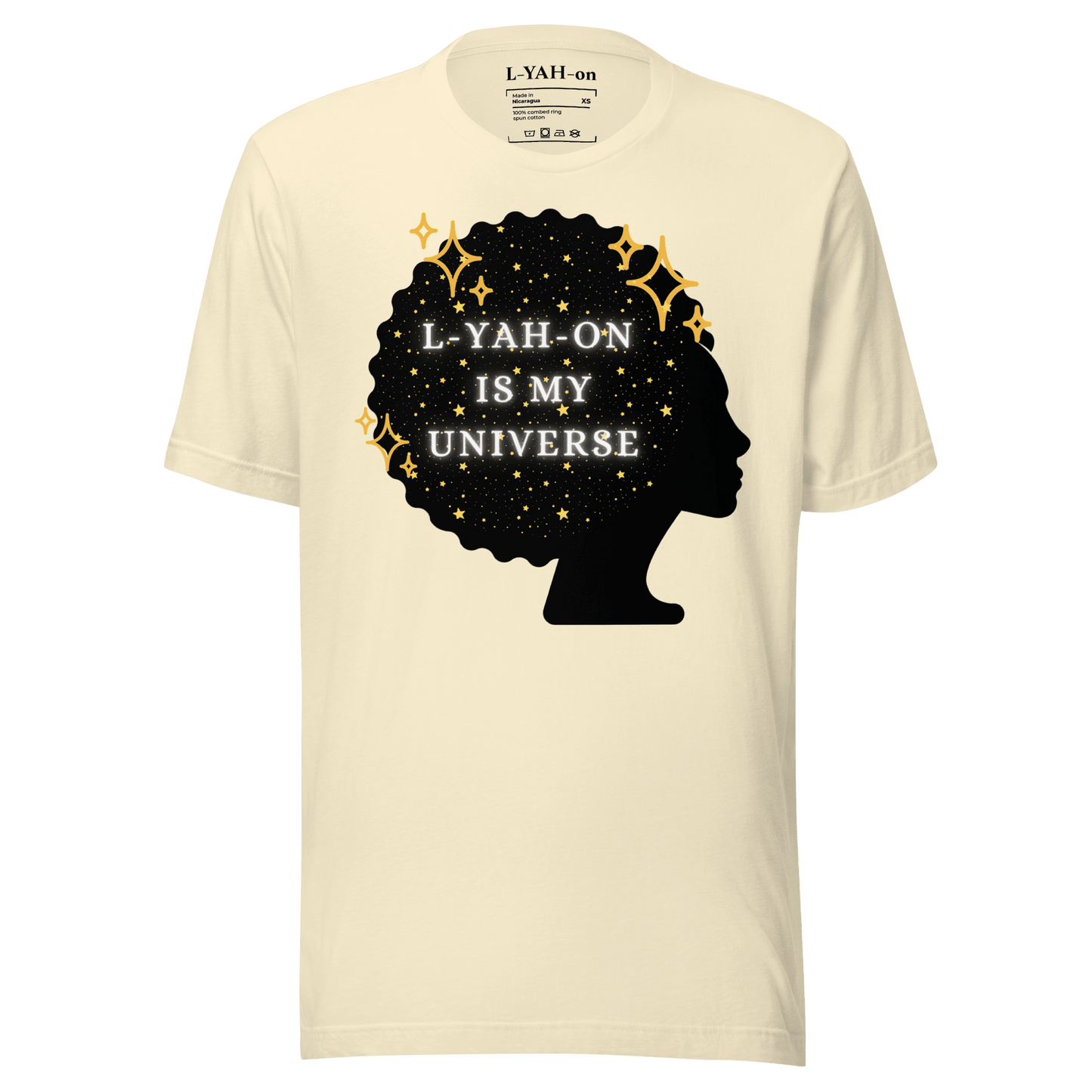 Beige t-shirt with a black silhouette of a head and text 'L-YAH-ON IS MY UNIVERSE'