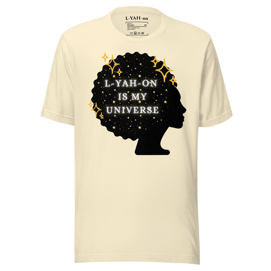 Beige t-shirt with a black silhouette of a head and text 'L-YAH-ON IS MY UNIVERSE'