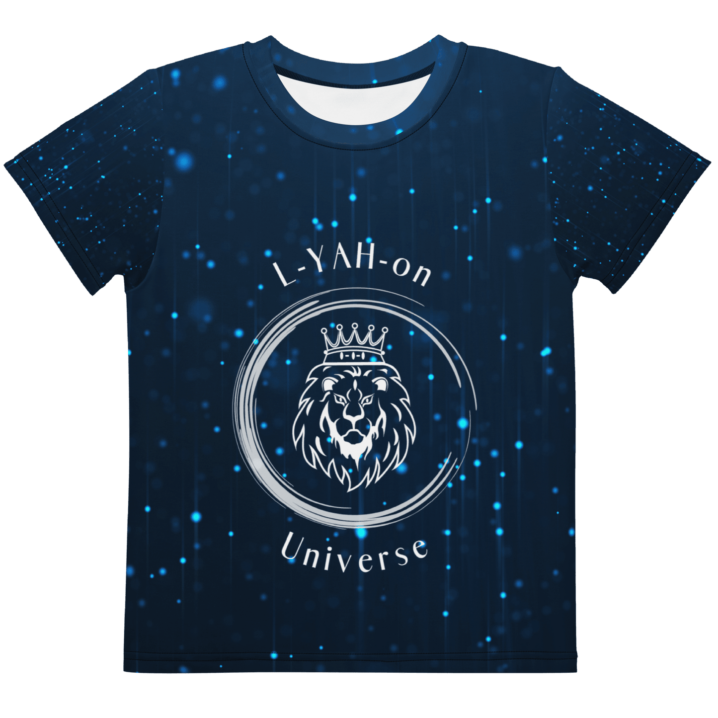 Navy blue t-shirt with a lion graphic and 'L-YAH-on Universe' text on a starry background