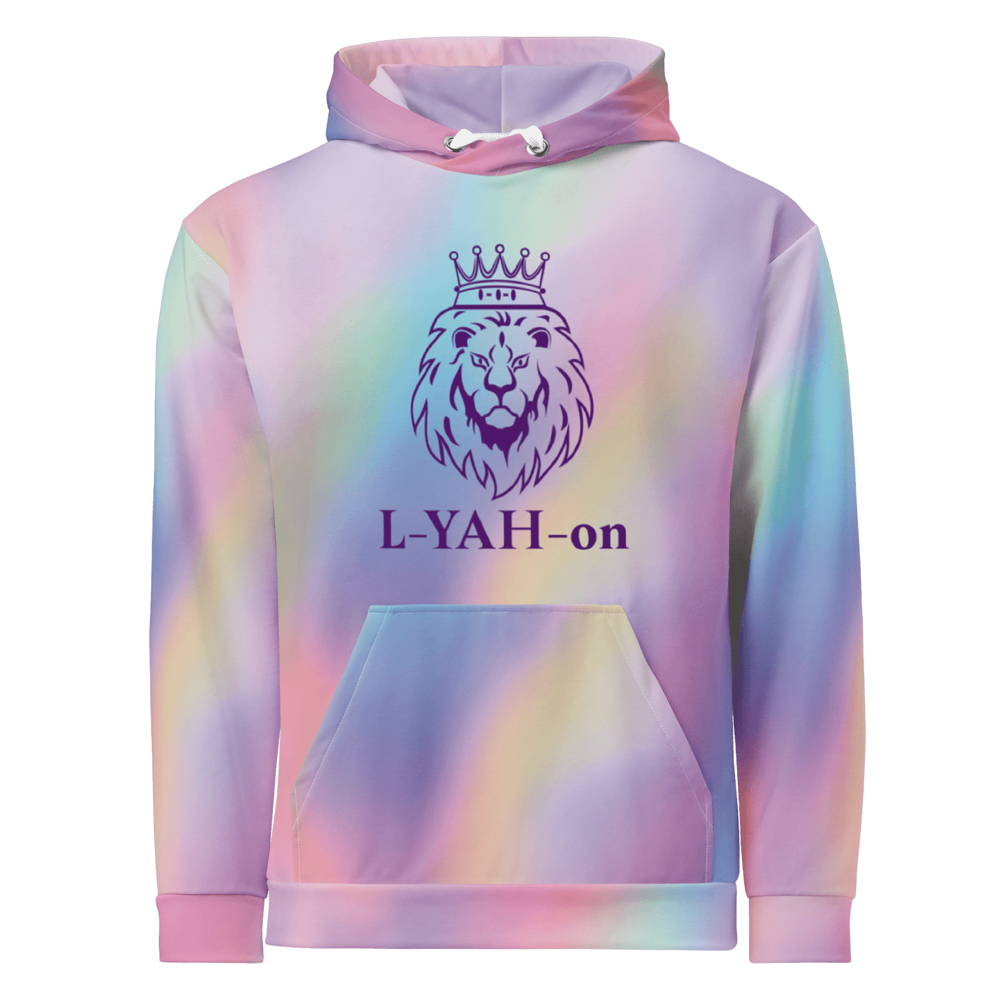 Pastel tie-dye hoodie with a lion graphic and 'L-YAH-on' text on a white background