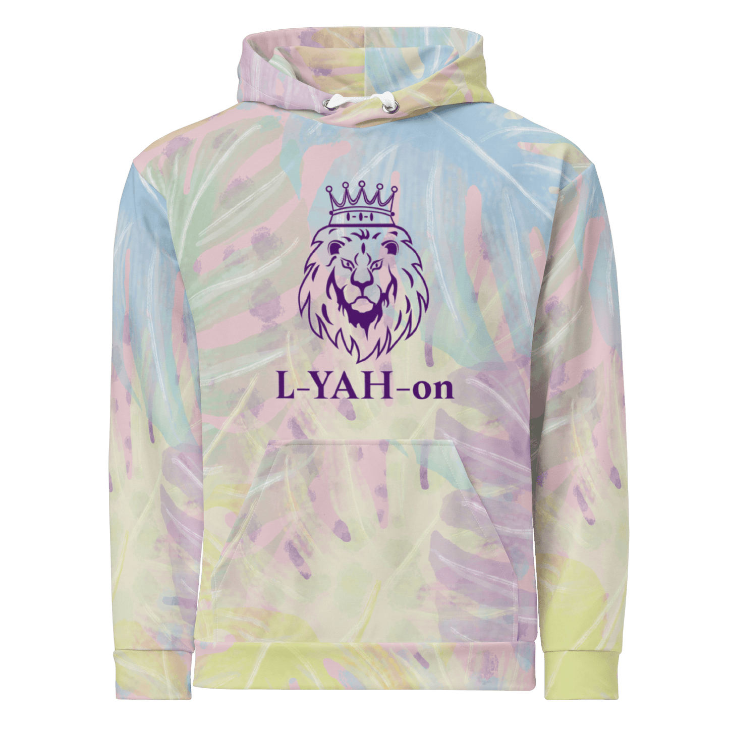 Tie-dye hoodie with lion graphic and 'L-YAH-on' text