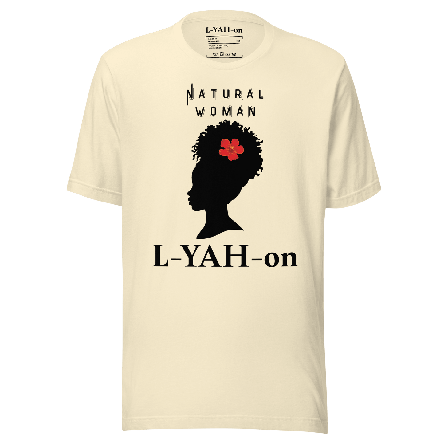 Beige t-shirt with a black silhouette of a woman's head with a red flower and text 'Natural Woman L-YAH-on'