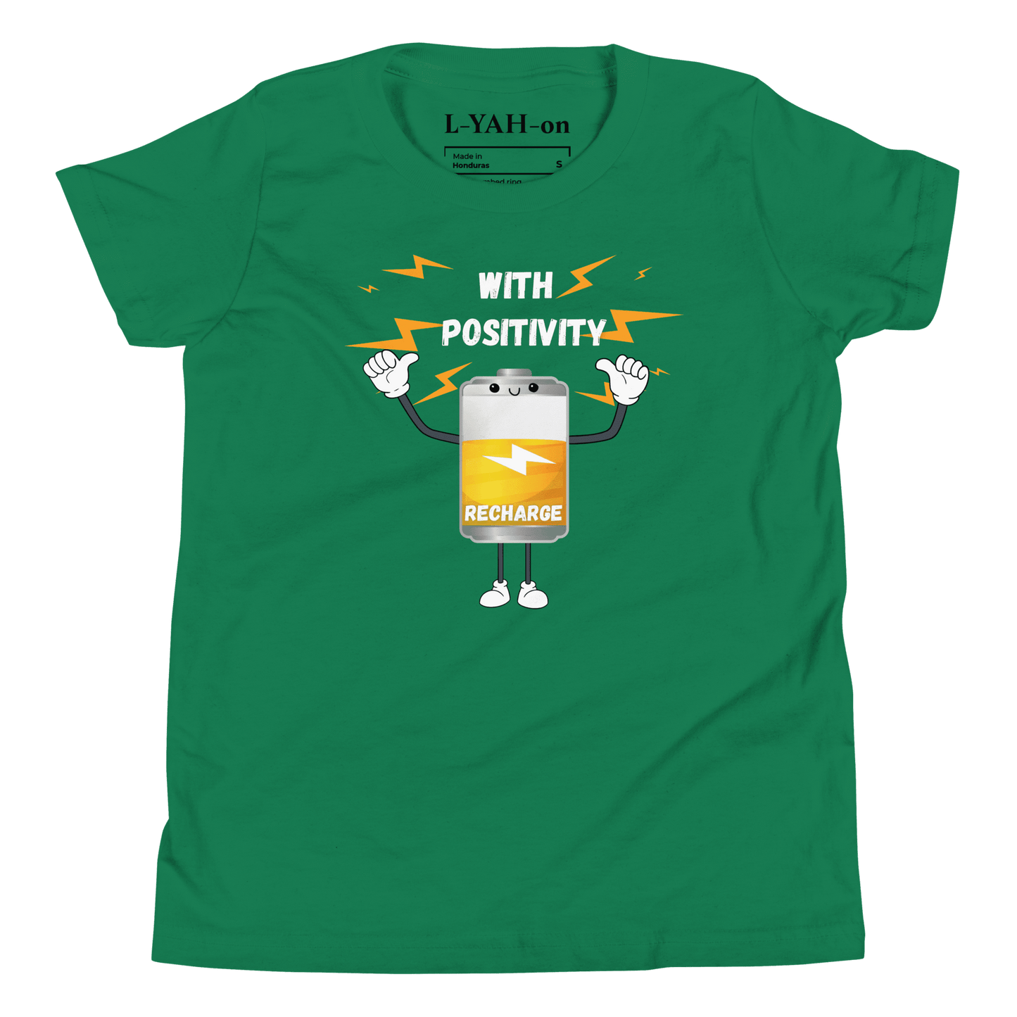 Green t-shirt with a cartoon battery character and text