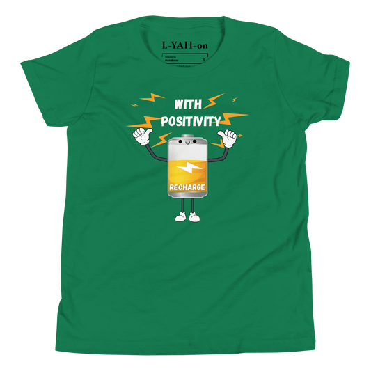 Green t-shirt with a cartoon battery character and text