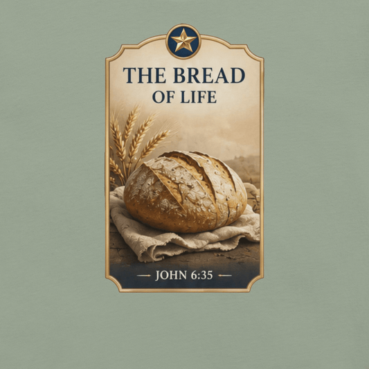 Faith-inspired The Bread of Life T-shirt featuring rustic bread artwork inspired by John 6:35
