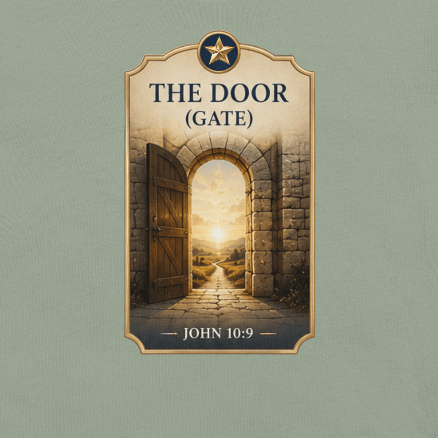 Faith-inspired The Door Gate T-shirt featuring an open-gate design inspired by John 10:9. Spiritual apparel with meaning and elevated style.