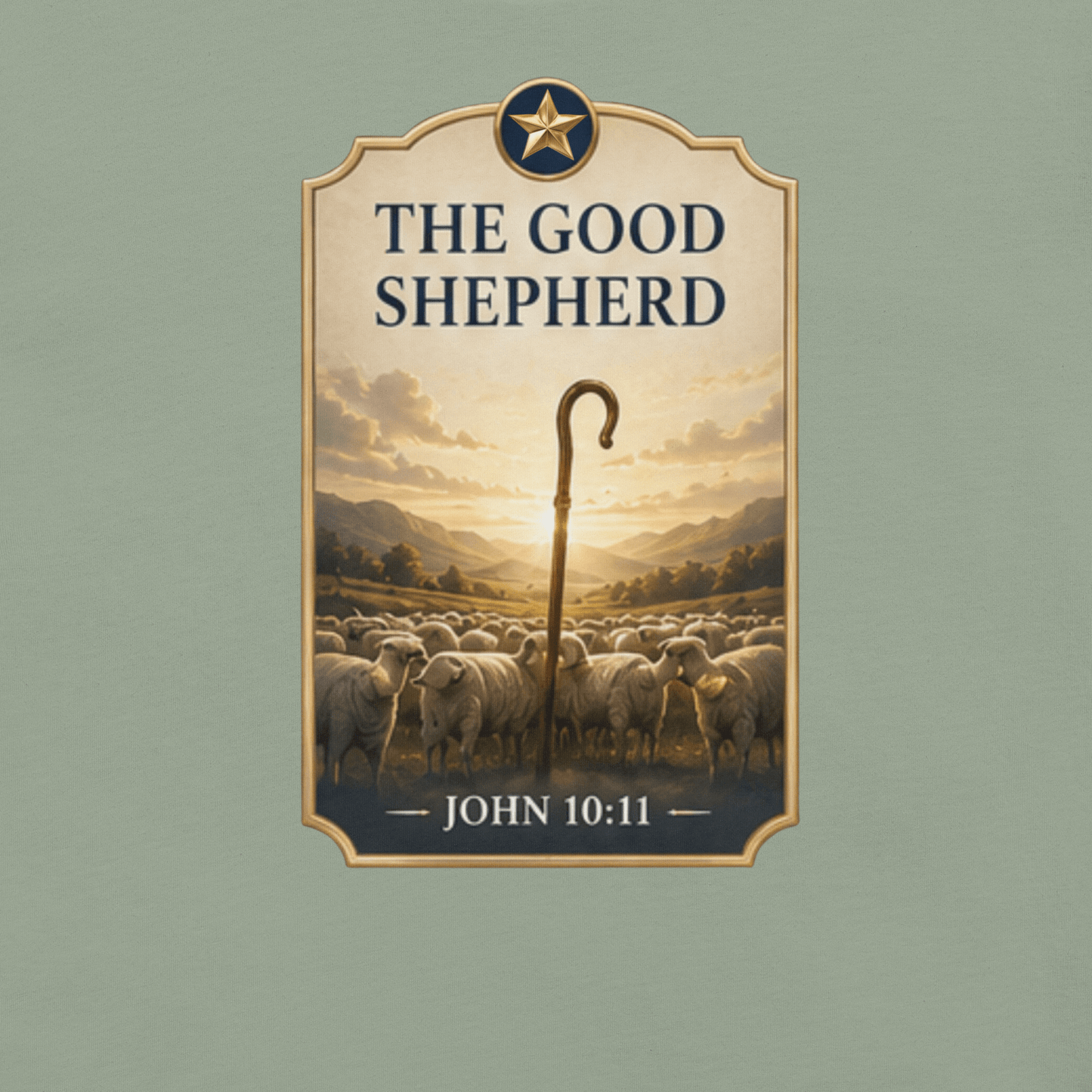 Faith-inspired The Good Shepherd T-shirt featuring a shepherd’s staff and flock design inspired by John 10:11