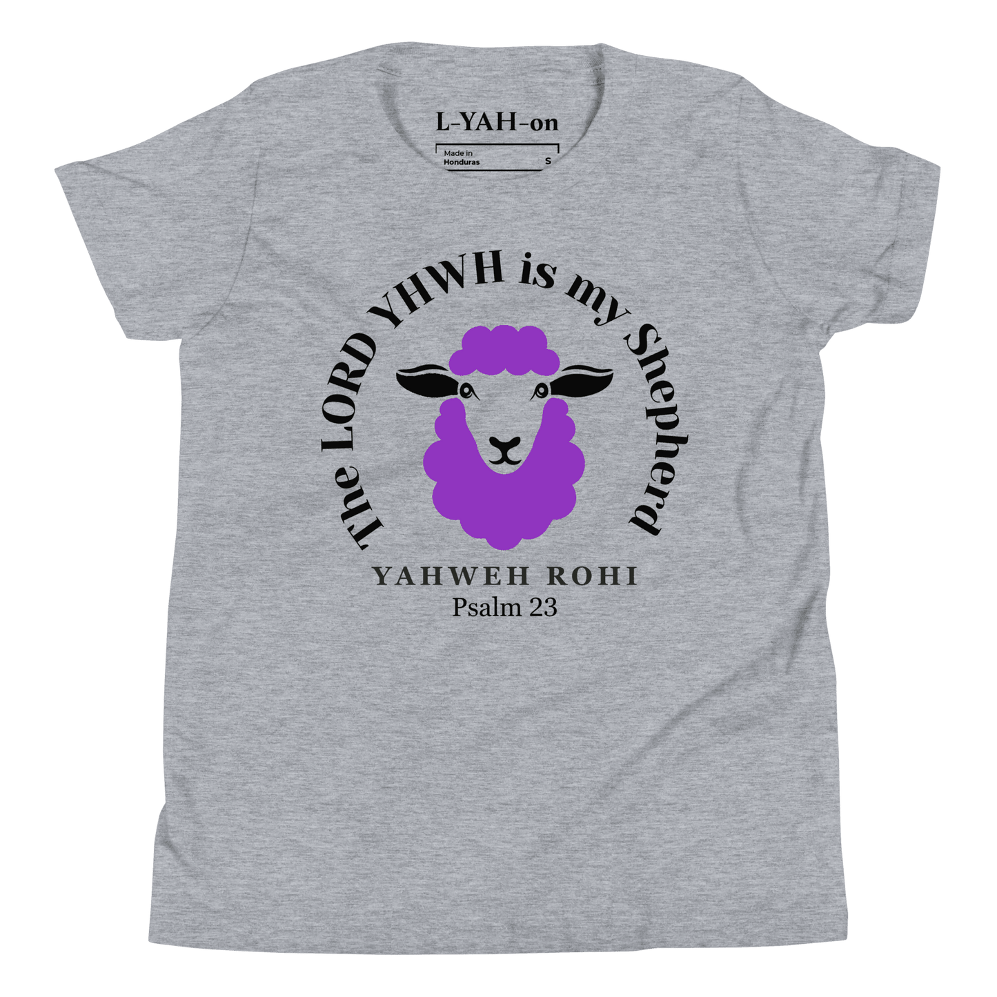 Gray t-shirt with a purple lamb graphic and text