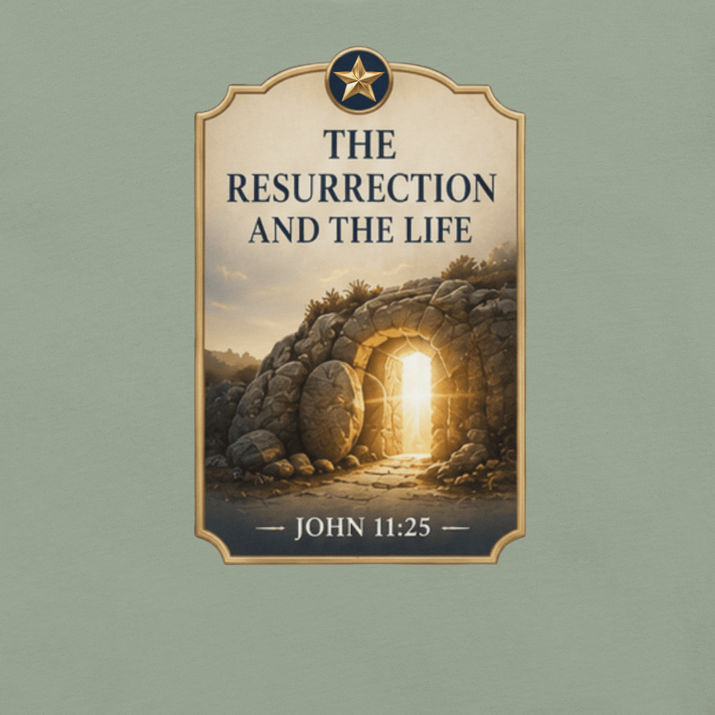 Faith-inspired The Resurrection and The Life T-shirt featuring an illuminated empty tomb design inspired by John 11:25