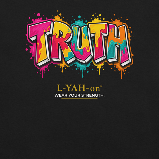 Black Truth Graffiti T-shirt with vibrant graffiti lettering representing truth, faith, and bold Christian streetwear.