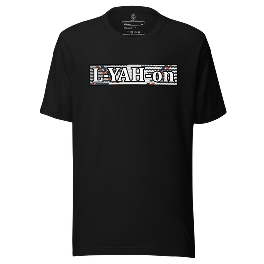L-YAH-on logo on a multicolored background on a black t-shirt
