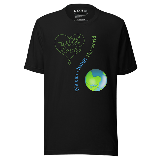 Black t-shirt with green and blue graphic design on a transparent background