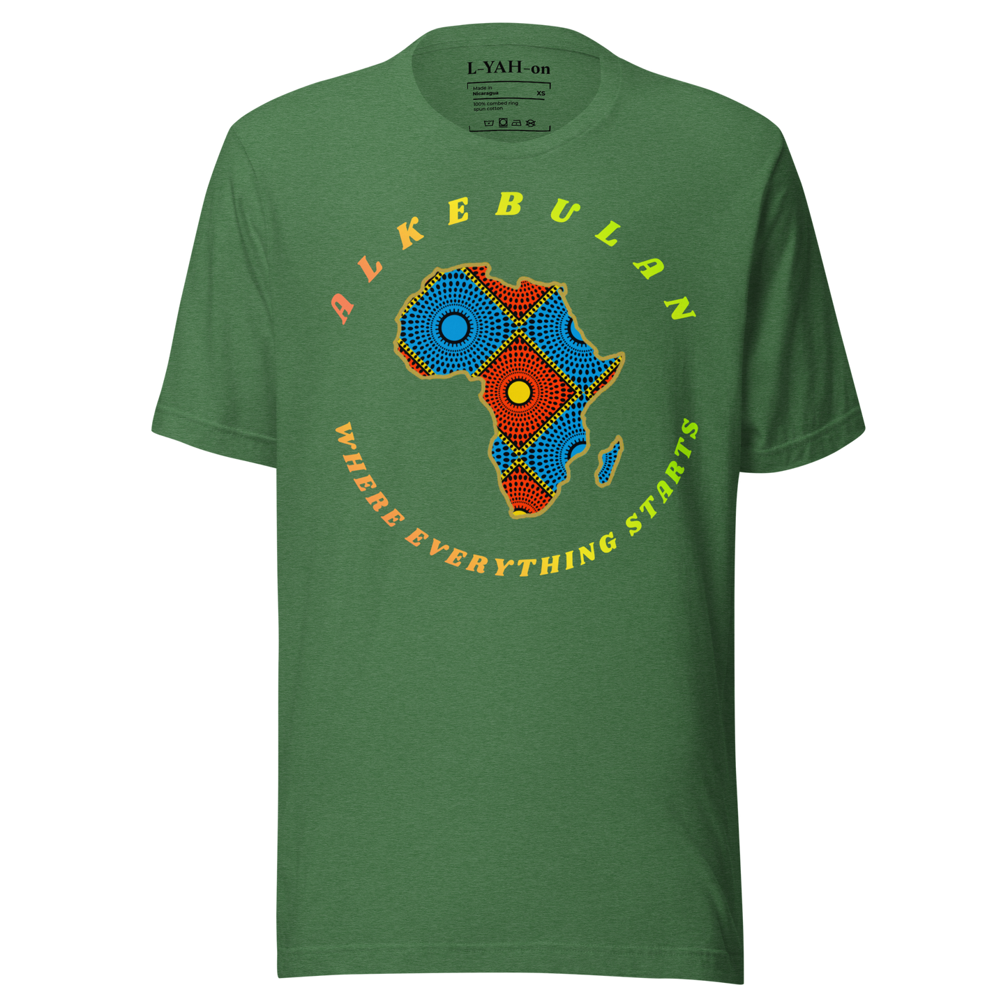 Green t-shirt with a colorful Africa map design and text on a white background