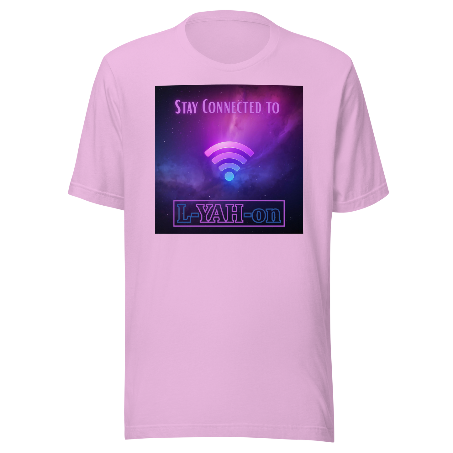 Pink t-shirt with a graphic design featuring a Wi-Fi symbol and text on a white background