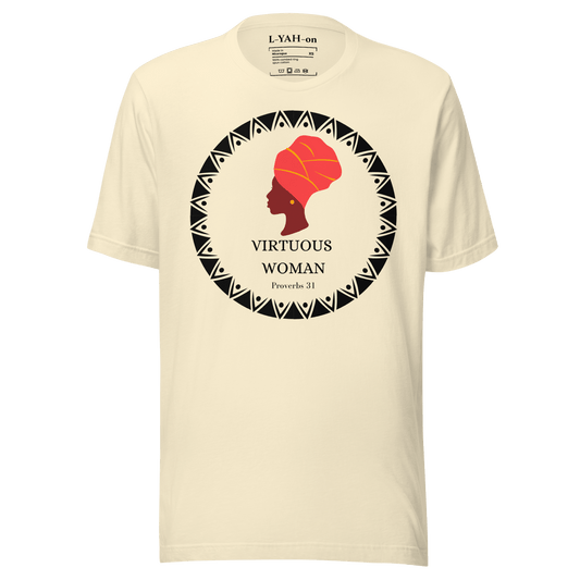 White t-shirt with 'Virtuous Woman' design featuring a woman's profile and text