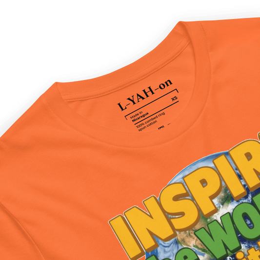 Orange t-shirt with 'INSPIRE THE WORLD' text and brand label on a orange background