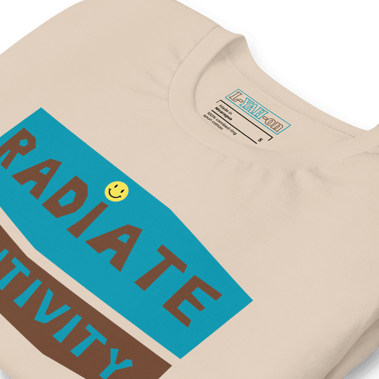 Beige t-shirt with 'RADIATE ACTIVITY' text and smiley face on a beige background