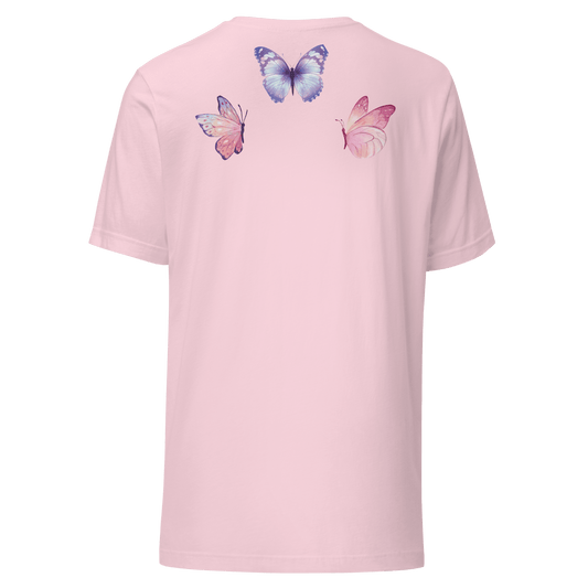 Pink t-shirt with butterfly designs on the back against a pink background