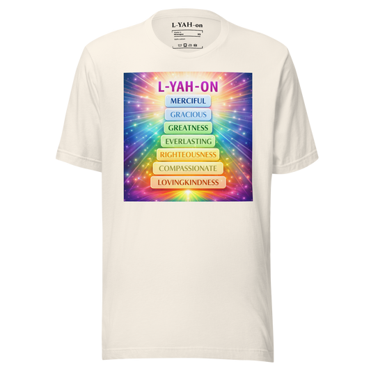 White t-shirt with colorful graphic and text on a white background