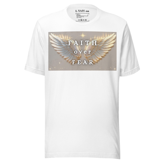 White t-shirt with 'Faith over Fear' design featuring wings on a white background