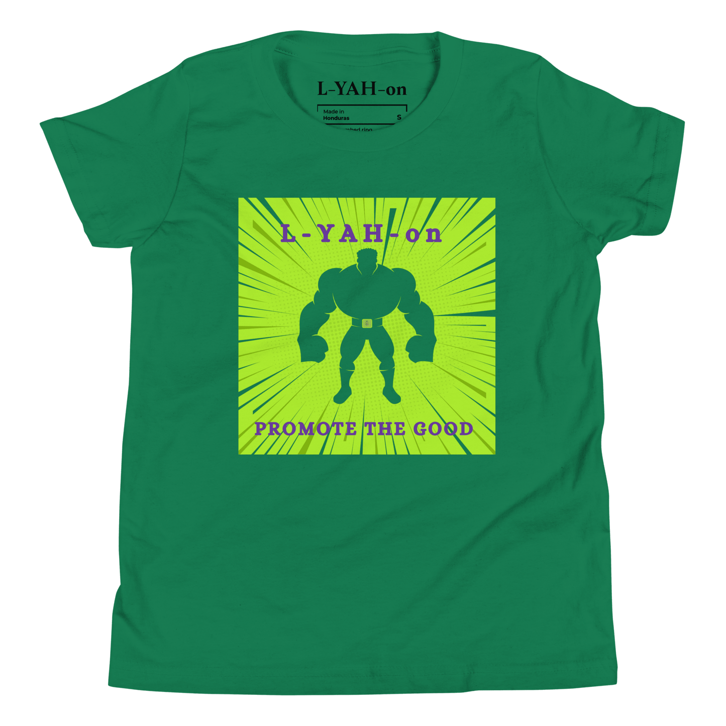 Green t-shirt with a graphic of a muscular figure and text on a white background