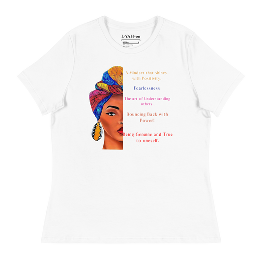 A white t-shirt featuring a graphic print of a woman's profile with a colorful headwrap and text elements.