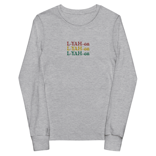 Gray long-sleeve shirt with 'LYAH-on' text in multicolor