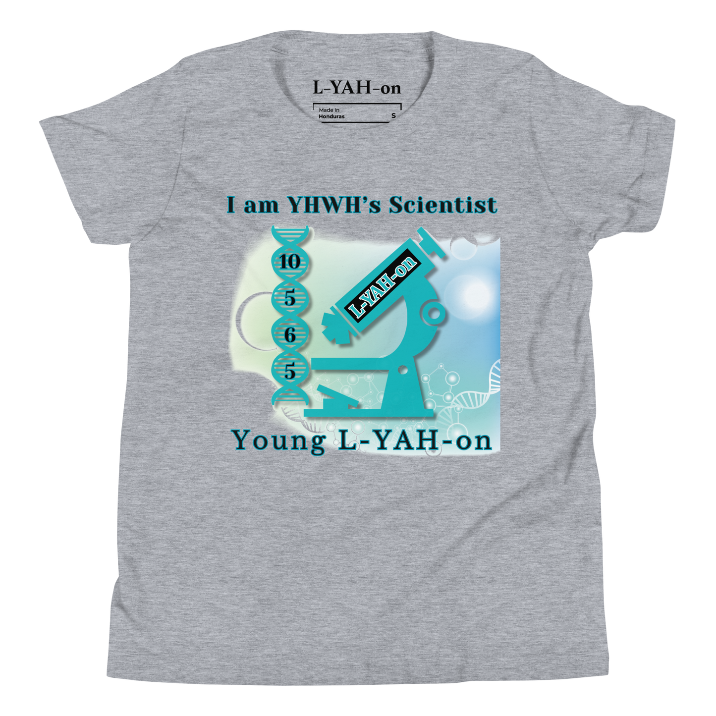 Gray t-shirt with a graphic design featuring a microscope and text on a white background