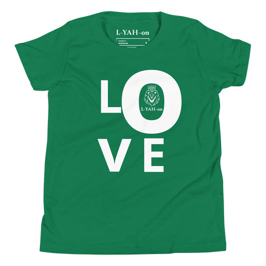 Green t-shirt with 'LOVE' printed in white on a white background
