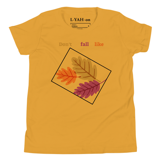 Yellow t-shirt with leaf design and text 'Don't fall like' on a white background