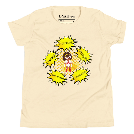 Beige t-shirt with a superhero graphic and text on a white background