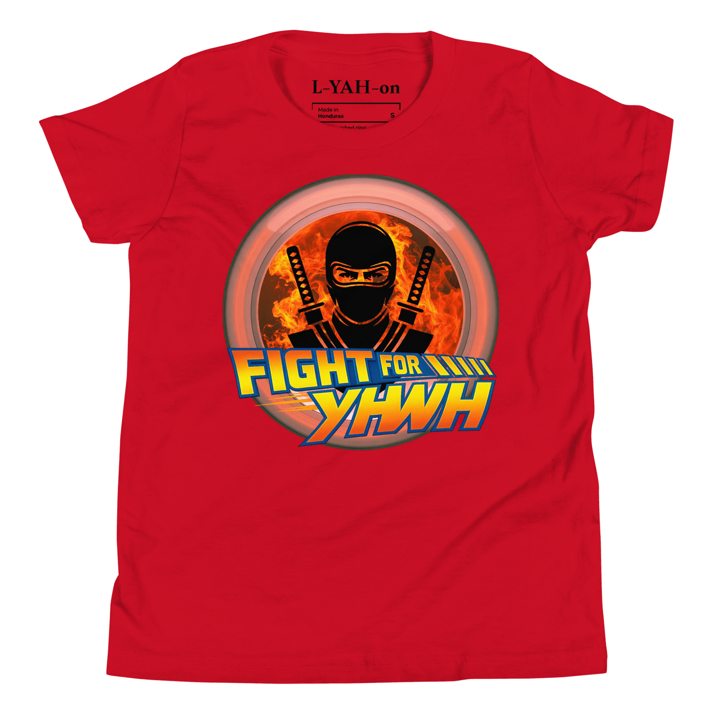 Red t-shirt with a ninja design and a text Fight for YHWH