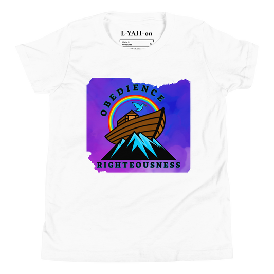 A white t-shirt featuring a colorful graphic design with a depiction of Noah's Ark and the phrase 'Obedience Righteousness'.