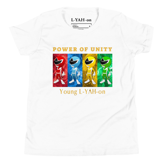 White t-shirt with colorful Power Rangers design and text on a white background