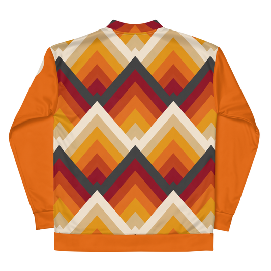 A Bomber Jacket with geometric pattern in orange, red, and yellow colors.