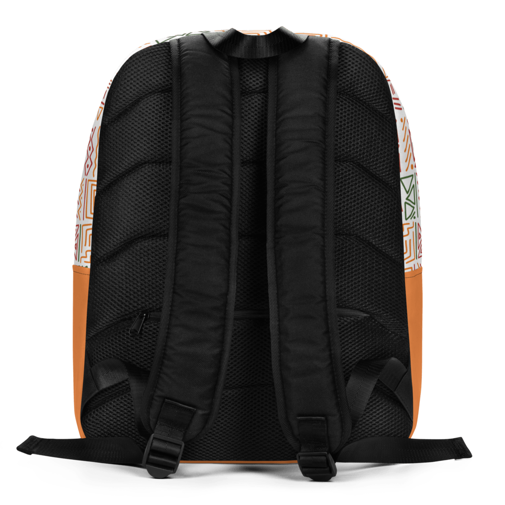 A minimalist backpack with an African print design, featuring a white background with geometric patterns